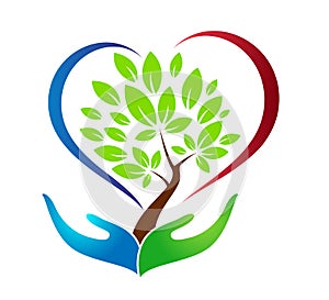 Green tree on hands with heart shape vector illustration.
