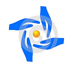 Hands balance logo, ball in hands.