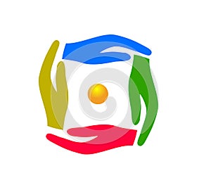 Hands balance logo, ball in hands.