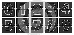 Countdown numbers flip counter vector isolated set. Gradient font style flip clock or scoreboard mechanical numbers 0 to 9 set.