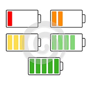 Battery charge indicator icons set. Charging level full power low to high up. Gadget, Icon energy status vector