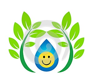 Smiley yellow face with green leaf, water drop emoji on white background