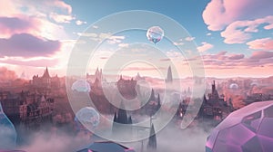 Dreamy aethereal city with pink air balloons flying in the sky. Lucid dreaming, astral travel. Generative AI