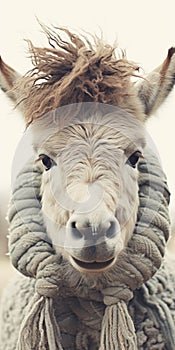 Dreamy Analog Portrait Of A White And Tan Donkey In Knitwear
