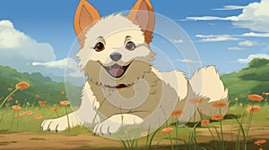 Dreamy Anime Art: Cute White Dog Cub In Studio Ghibli Style photo