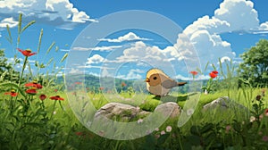 Dreamy Anime-inspired Bird In Grassland Concept Art photo