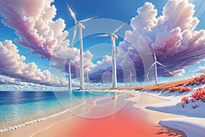 Dreamy Beach & Wind Turbines: Pink Sand & Turquoise Water, generative ai