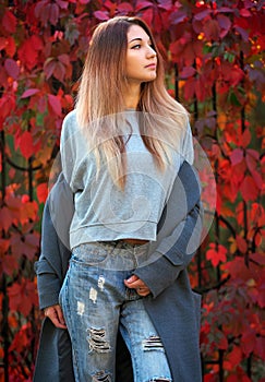 Dreamy beautiful girl with long colorful hair on autumn background of red grape hedge. Inspired woman in gray coat. Autumn