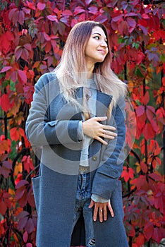 Dreamy beautiful girl with long colorful hair on autumn background of red grape hedge. Inspired woman in gray coat. Autumn