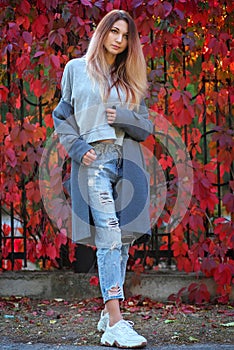 Dreamy beautiful girl with long colorful hair on autumn background of red grape hedge. Inspired woman in gray coat. Autumn