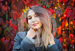 Dreamy beautiful girl with long colorful hair on autumn background of red grape hedge. Inspired woman in gray coat. Autumn