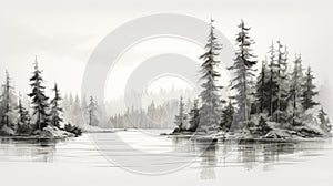 Dreamy Black And White Pine Trees Sketch Along Water