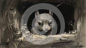Dreamy Black And White Squirrel Drawing In Noah Bradley Style
