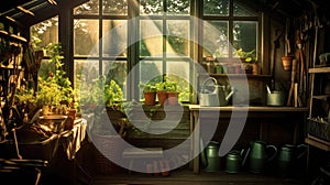 dreamy blurred garden shed interior