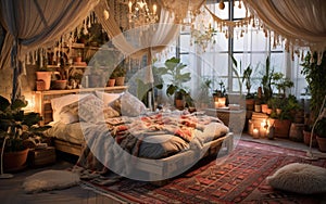 A Dreamy Boho-Chic Bedroom With Bookshelfs in The Muted Light of a Rainy Day Background