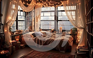 A Dreamy Boho-Chic Bedroom With Bookshelfs in The Muted Light of a Rainy Day Background