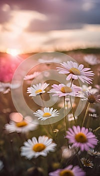 Dreamy bokeh blurry illustration daisy flowers pink blue background