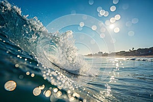 Bokeh light with wave splash and blue sky photo