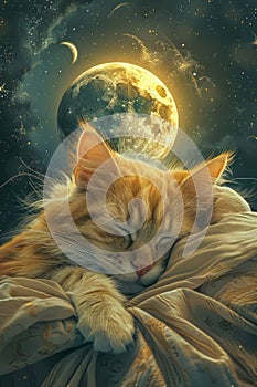 Dreamy Cat Nap under a Moonlit Sky, Surreal Feline Resting Peacefully with Planetary Backdrop