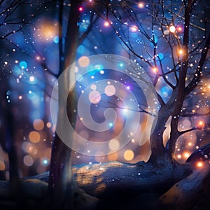 Dreamy Celestial Forest with Colorful Bokeh Lights