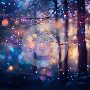 Dreamy Celestial Forest with Colorful Bokeh Lights