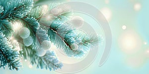 Dreamy christmas background with fir branches, space for text, pastel color, generative AI