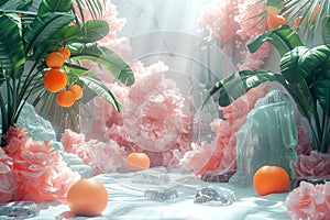 Dreamy citrus and floral setup with ice, ideal for beauty and freshness themed visuals.