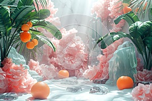Dreamy citrus and floral setup with ice, ideal for beauty and freshness themed visuals. photo