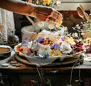 Dreamy close-up of vibrant edible flowers being carefully placed on a rustic cheese platter