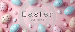 Dreamy colored banner for Easter Egg Hunt. Trendy futuristic Easter Eggs flat lay background. Springtime festive holiday