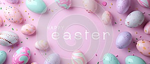 Dreamy colored banner for Easter. Trendy futuristic Easter Eggs colorful background. Springtime festive holiday banner