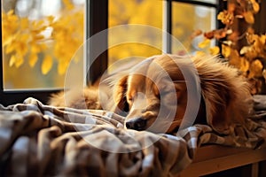 Dreamy dog enjoys a nap in the warm autumn windowsill