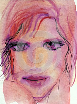 Dreamy Dramatic Watercolor Portrait of a Breautiful Model in Pink Tones