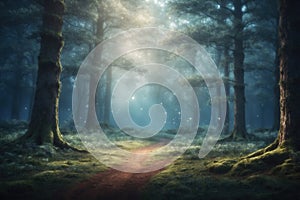 Dreamy Fantasy forest background with copy space. ai generative