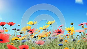 Dreamy flowery background with a field of flowers and a blue sky in the distance.