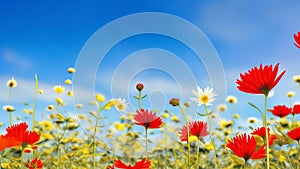 Dreamy flowery background with a field of flowers and a blue sky in the distance.