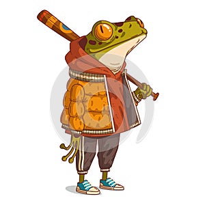 A dreamy frog with a bat, vector illustration. Cute anthropomorphic casually dressed toad, holding a baseball bat