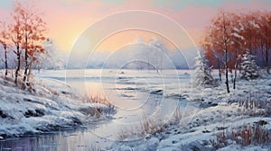 Dreamy Frozen River Sunset Oil Painting In 8k Resolution