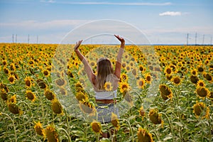 Dreamy Girl Surrounded by Sunflowers in a Gorgeous Sunlit Field