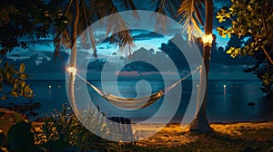 A dreamy hammock suspended between two palm trees with the Sea of Lights sparkling in the background. The ultimate spot