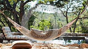 A dreamy hammock swaying in the breeze providing the ultimate relaxation spot for an afternoon nap. 2d flat cartoon