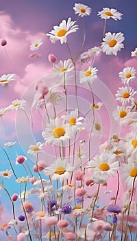 Dreamy illustration daisy flowers pink blue background