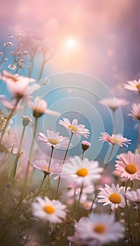 Dreamy illustration daisy flowers pink blue background