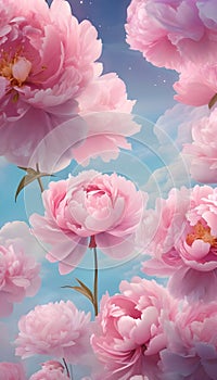 Dreamy illustration peony flowers pink blue background