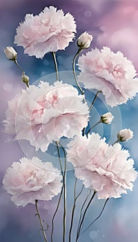 Dreamy illustration peony flowers pink blue background