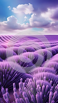 A dreamy image of a purple lavender field under a blue sky with white clouds, creating a sense of calmness and beauty