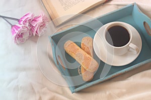 Dreamy image of romantic breakfast in the bed