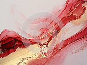 Passionate red abstract fluid art painting. Alcohol inks with gold.