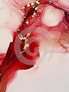 Passionate red abstract fluid art painting. Alcohol inks with gold. photo