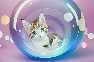 A Dreamy Kitten Cat in a Soap Bubble.AI Generated